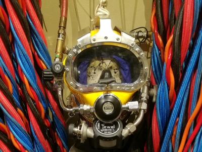 Frontal view of diving helmet during testing